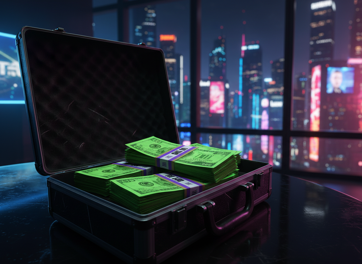 A thick stack of worn GTA VI in-game cash, with crisp neon-green bills and metallic purple security strips, sprawled across a scratched black steel briefcase. The briefcase sits on a glossy obsidian tabletop inside a dim, high-rise penthouse overlooking a futuristic coastal city at night, skyscraper lights and billboards glowing violently through floor-to-ceiling windows. Cold blue LED light from a nearby gaming monitor mixes with the toxic magenta city glow, carving sharp highlights into the money edges and casting long sinister shadows. Shot in photographic realism from a low, close-up angle with a shallow depth of field, the foreground bills razor sharp while the city fades into bokeh. The mood is dark, dangerous, and aspirational, hinting at criminal wealth and high-stakes money-making in GTA VI.