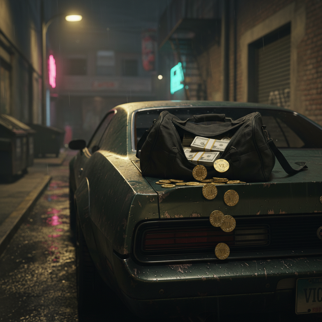 A heavy, matte-black duffel bag unzipped on the grimy trunk of a muscle car parked under a flickering streetlight in a gritty GTA VI-style alleyway. Inside the bag, tightly packed stacks of stylized in-game cash and glowing gold casino chips spill out, each chip engraved with a subtle “VI” logo. Rain-slicked asphalt reflects the sickly yellow streetlight, while distant neon signs cast faint pink and cyan highlights on the car’s weathered paint. Photographic realism with dramatic, low-key lighting and deep shadows, shot from an eye-level perspective framed on the rule of thirds. The background remains softly blurred, focusing attention on the money and bag. The mood is tense, illicit, and tactical, evoking high-risk missions and heists that fuel serious money-making in GTA VI.