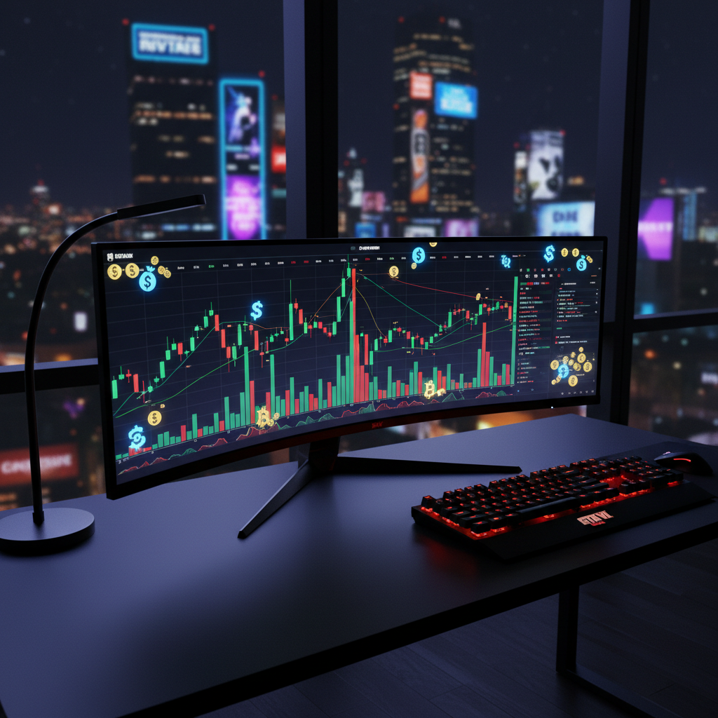 A sleek ultra-wide gaming monitor displaying a detailed GTA VI in-game stock market chart with green spikes and red crashes, surrounded by scattered digital cash icons and cryptocurrency-style symbols. The monitor rests on a matte-black desk with subtle RGB underglow, next to a mechanical keyboard glowing in ominous red. Behind, a large window reveals a blurred nighttime city inspired by GTA VI, with neon-lit skyscrapers and holographic ads. Harsh, contrasty side lighting from a single desk lamp slices across the scene, leaving half the setup in heavy shadow. Photographic realism from a slightly elevated angle, with the chart in razor focus and the city transformed into soft bokeh light. The atmosphere is dark, analytical, and intense, emphasizing high-level strategies for making money in GTA VI.